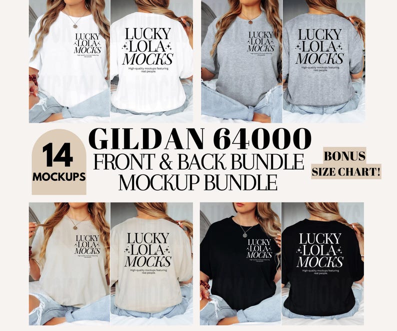 May include: A mockup bundle of 14 Gildan 64000 t-shirts in various colors, including white, gray, beige, and black. The shirts feature a graphic design with the text "Lucky Lola Mocks" on the front and back.