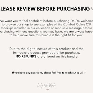 May include: A digital information graphic with a light cream background and black text. The header reads PLEASE REVIEW BEFORE PURCHASING. The body text explains the Comfort Colors 1717 mockups, no refund policy, and contact information. The footer says Lucky Lola Mocks.