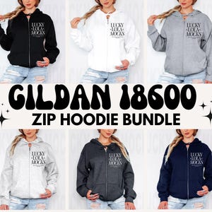 May include: A set of six Gildan 18600 zip-up hoodies in black, white, grey, heather grey, dark grey, and navy blue. Each hoodie features the text "LUCKY LOLA MOCKS" printed on the front.
