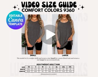 May include: Size chart for a heavyweight adult tank top. The chart shows the width and length measurements in inches for sizes XS to 3XL. The chart is labeled "Heavyweight Adult Tank" and "Comfort Colors 9360".