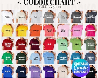 Könnte beinhalten: Eine Farbkarte mit T-Shirts von Gildan 5000. Die Karte zeigt eine Reihe von Farbtönen, darunter Weiß, Natur, Asche, Graphit-Melange, Sportgrau, Holzkohle, Dunkelmelange, Gänseblümchen, Gold, Orange, Korallen Seide, Hellrosa, Azalee, Heliconia, Antikes Kirschrot, Kardinal, Kastanienbraun, Rot, Mintgrün, Kiwi, Militärgrün, Irischgrün, Waldgrün, Hellblau, Carolina-Blau, Antik-Saphir, Saphir, Indigoblau, Royal, Marine, Violett, Lila, Sand und Schwarz.
