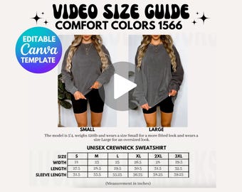 Editable Comfort Colors 1566 Video Size Chart, Oversized Comfort Colors Size Chart, Size Chart Mockup, Comfort Colors Mockup