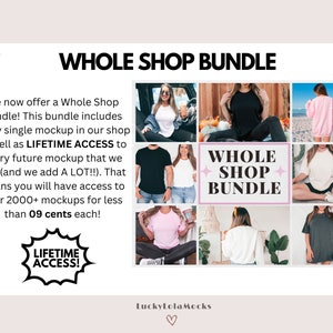 Pu&ograve; includere: Un collage di immagini che mostrano diversi mockup di abbigliamento, tra cui t-shirt, felpe e camicie a maniche lunghe. Il testo "Whole Shop Bundle" &egrave; presente al centro del collage, insieme alla frase "Lifetime Access!" in un fumetto.