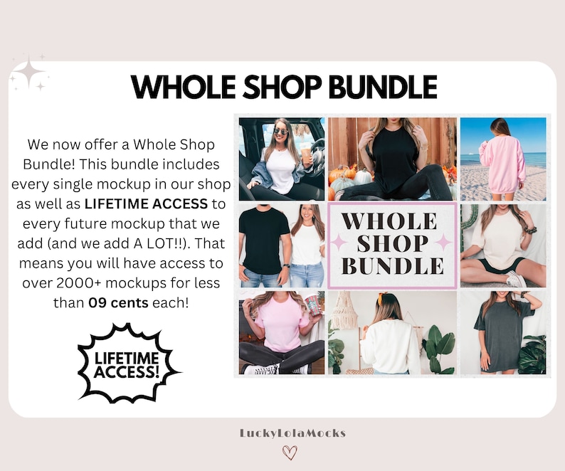 Pu&ograve; includere: Un collage di immagini che mostrano diversi mockup di abbigliamento, tra cui t-shirt, felpe e camicie a maniche lunghe. Il testo "Whole Shop Bundle" &egrave; presente al centro del collage, insieme alla frase "Lifetime Access!" in un fumetto.