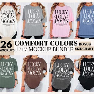 May include: A mockup of 26 different color t-shirts with the text "Lucky Lola Mocks" printed on the front. The t-shirts are all oversized and have a relaxed fit. The text "26 Mockups 1717 Mockup Bundle Bonus Size Chart!" is printed below the t-shirts.