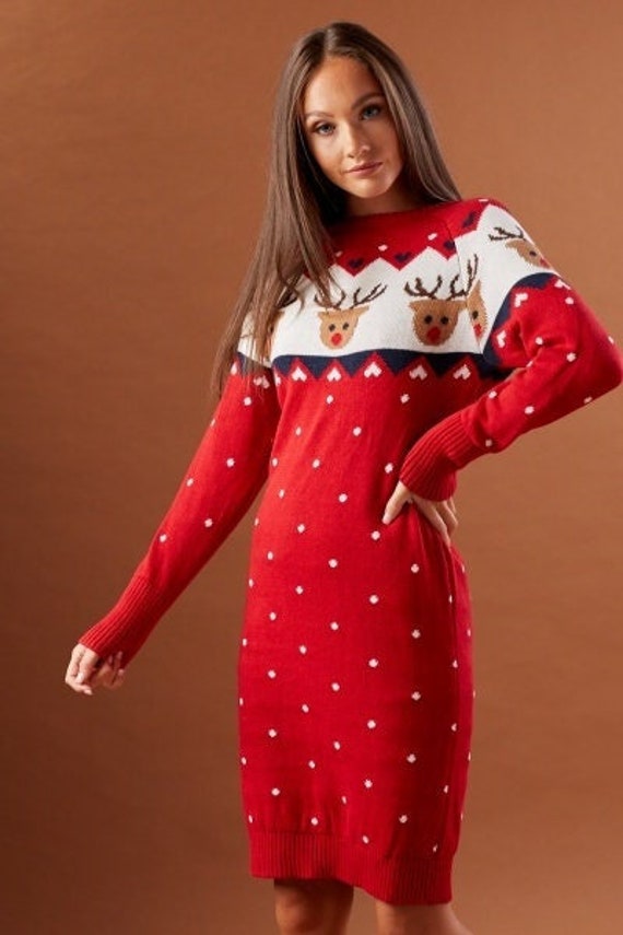 Navy or Red Knitted Christmas Sweater Dress Etsy