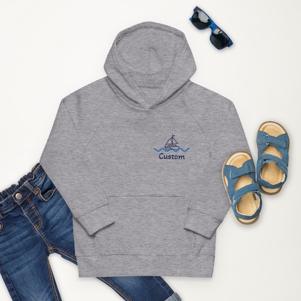 Kids eco hoodie, Sail Boat Embroidered hoodie, Custom embroidered hoodie, Custom embroidered Name hoodie for Kids with boat, Personalised