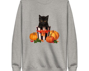 ByAsmaDesign Black Cat with Pumpkin Sweatshirt, Sweater for Fall, Black Cat Sweater, Halloween Black Cat Design, Halloween Gifts for Cat Owner