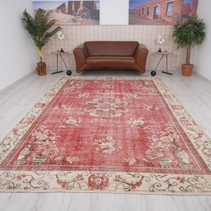 7x11 Rug, Oversize Rug, Neutral Vintage Rug, Turkish Rug 7x11, Large Oushak Rug, Handmade Rug,Natural Rug, Faded Rug,Muted Oushak Rug,491