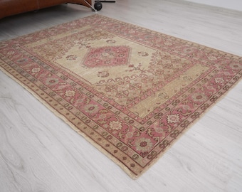 5x7 Oushak Rug,Pastel Turkish Rug,Vintage Area Rug,Wool Area Rug,Faded Rug,Neutral Rug 5x7,Muted Rug,Vintage Rug,5x7 Rug,Antique Rug,1305