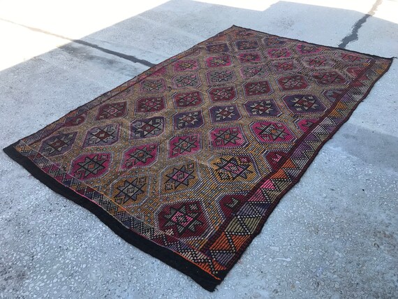 Kilim Rug, Vintage Rug, Striped and Embroidered Design Kilim Rug