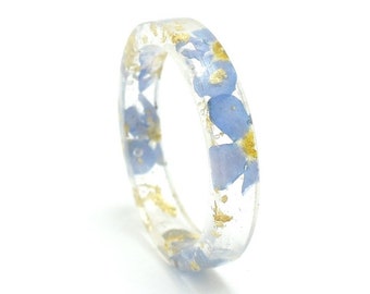 Forget-me-not resin ring, silver band or gold flakes, blue real flower, ring inspired by nature gift for her, chritmas ring, FREE SHIPPING