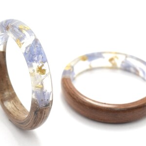 Blue Ring, Flower Statice. Gold Flakes, Silver. Nature Wedding Ring, Drill. Wooden Ring for Man and Woman. Forest wood ring gift for him