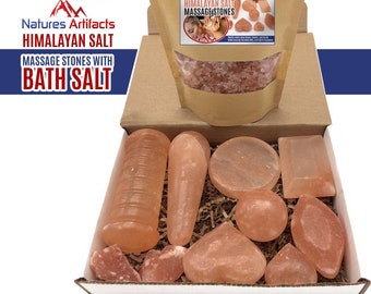 11 Pieces Complete Set of Himalayan Pink Salt Massage Stones With Bath Salts, Soothing & Healing Massage Therapy Kit