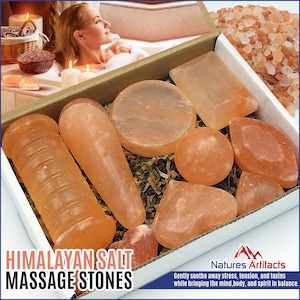 11 Pieces Complete Set of Himalayan Pink Salt Massage Stones With Bath Salts, Soothing & Healing Massage Therapy Kit
