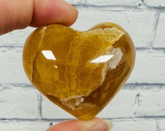 Honey Citrine Calcite Heart Palm Stone, Healing Gemstone Pocket Rock for Cleansing & Balancing, 1.5 and 2 Inch in Size