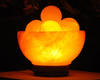 Himalayan Pink Salt Handmade Table Lamp with Dimmer Switch & 2 Bulbs,  Bowl with 5 Massage balls Night Light 6" Width Lamp