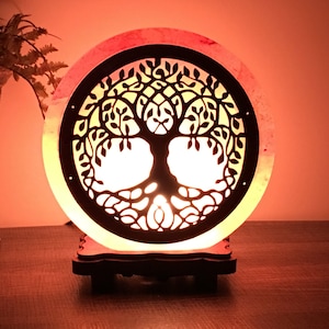 Himalayan Pink Salt Lamp with Tree of Life Carving on Wood Sheet