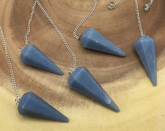 Angelite Crystal Pendulum with Silver Plated Faceted Chain, Healing Dowsing Energy Balancing Point Pendulum