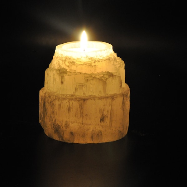 Selenite Crystal Votive Candle Holder Tower, Raw Selenite Tea Light 3.5 Inch Candle Holder