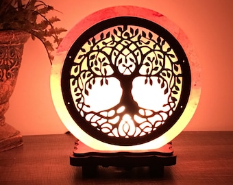 Himalayan Pink Salt Lamp with Tree Of Life Carving on Wood Sheet, Pink Salt Desk Lamp with Dimmer Switch & 2 Bulbs, 10" Height