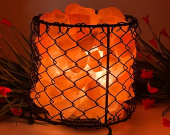 Himalayan Pink Salt Lamp, Iron Basket with Chunks, Electric Cord & Bulbs, 7" Height