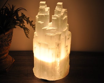 Selenite Crystal Skyscraper Tower Lamp with Electric Cord and Two Extra Bulbs, Selenite Night Light, 30cm