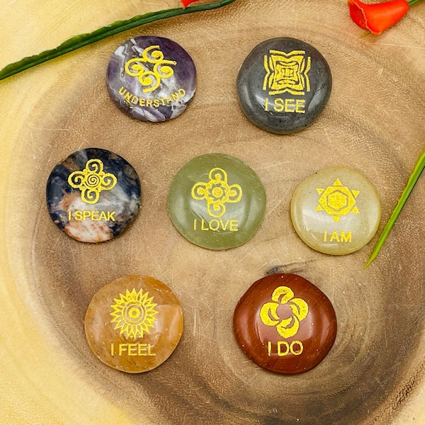 7 Chakra Round Palm Smooth Pocket Stone Set Engraved Affirmation Symbols with Velvet Pouch, 7 Chakra Healing Reiki Chakra Gift Set