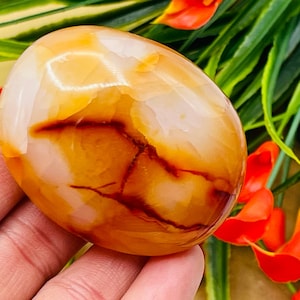May include: A smooth, polished carnelian palm stone with a mix of orange, red, and white colors. The stone has a natural, organic shape and is perfect for holding in your hand.