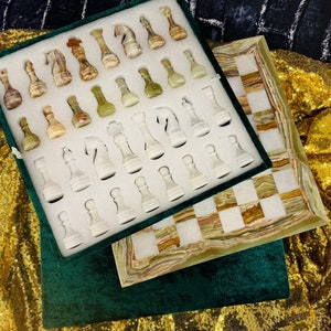 Onyx and Marble Complete Chess Set with Fancy Chess Pieces, Chess Board and Velvet Gift Box, Hand Carved , 12 x 12 inch