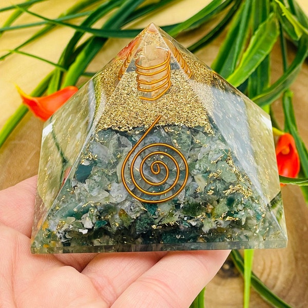 Moss Agate Orgone Pyramid with Reiki Sign & Clear Quartz Point | Moss Agate Orgonite Pyramid | Reiki Chakra Pyramid | 3 inch