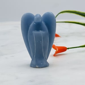 May include: A light blue angel figurine carved from selenite crystal. The angel has wings and a long flowing robe.