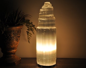 Selenite Crystal Skyscraper Tower Lamp with Dimmer Switch and Two Bulbs, 30 cm (12 inch) Size, Night Light