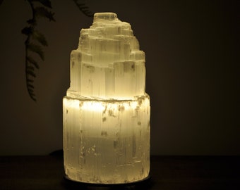 Selenite Crystal Skyscraper Tower Lamp with Dimmer Switch and Two Bulbs, 15 cm (6 inch) Night Light