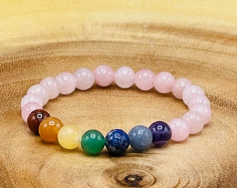 Rose Quartz Beaded Bracelet with 7 Chakra Crystal Stones, Beautiful Healing Crystal Chakra Jewelry 8mm