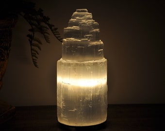 Selenite Crystal Skyscraper Tower Lamp with Electric Cord and Two Extra Bulbs ( 8 inch, 20-25 cm ), Selenite Night Light