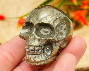 Pyrite Crystal Skull, Fools Gold Carving with Realistic Details, Healing Crystal, 2 Inch