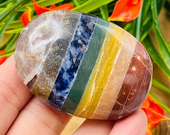 7 Chakra Massage Palm Stone, Hand Polished Pocket Gemstone for Chakra Healing and Grounding