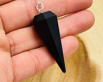 Black Tourmaline Crystal Pendulum with Silver Plated Faceted Chain, Healing Dowsing Energy Balancing Point Pendulum