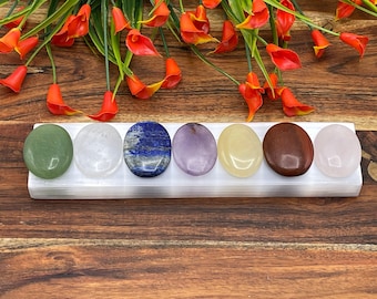 7 Chakra Palm Stone Set | Polished Stones | Chakra Healing Crystals | Selenite Charging Bar | Selenite Charging Plate