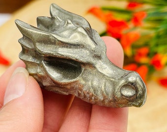 Pyrite Crystal Dragon Head, Fools Gold Crystal, Realistic Details, Fine Art Sculpture, 2 Inch