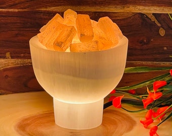 Selenite Crystal Bowl Lamp with Chunks,  White & Orange Selenite Crystal Lamp with Electric Cord and Two Bulbs