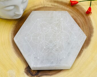 Selenite Crystal Charging Station Etched with Metatron's Cube Design , Hexagon Charging Plate 4 & 5 inch