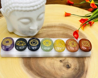 7 Chakra Oval Palm Stone Set with Engraved Chakra Symbols, Polished Smooth Stones, Healing Crystals with Selenite Charger