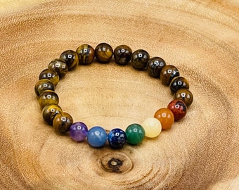 Tiger Eye Bracelet with 7 Chakra Crystal Beads, Beautiful Healing Chakra Jewelry