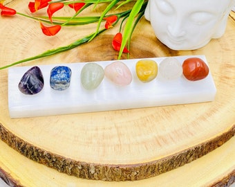 6" Polished Selenite Crystal Charging Station with 7 Chakra Assorted Tumbled Rock stone Set & Velvet pouch