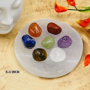 Selenite Charging Station Plate with 7 Chakra Tumbled Rock Stone Set & Velvet Pouch, 3.5&quot; Crystal Holder Disk for Cleansing and Charging