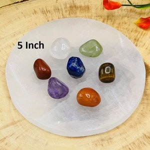 Selenite Charging Station Plate with 7 Chakra Tumbled Rock Stone Set & Velvet Pouch, 5&quot; Inch Round Crystal Holder Disk