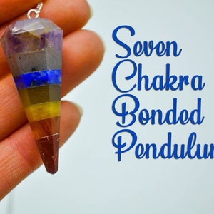7 Chakra Bonded Pendulum with Silver Plated Faceted Chain, Healing Dowsing Energy Balancing Point Pendulum