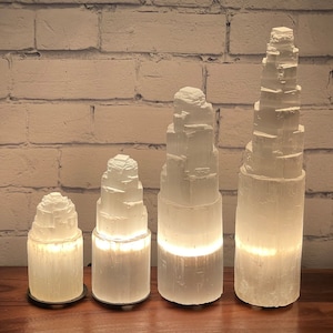 Selenite Crystal Skyscraper Tower Lamp, Dimmer Switch Electric Cord and Bulb, Cleansing